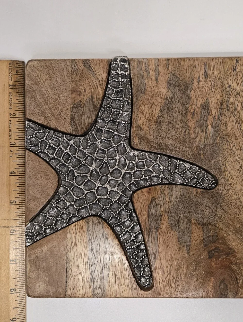 Mudpie Coastal Naturals Silver Metal Starfish Wooden Cheese Board